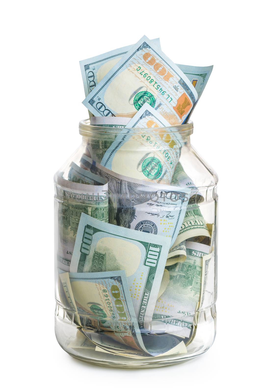 concept photo savings - a glass jar filled with 100 dollar bills by kosmsos111
