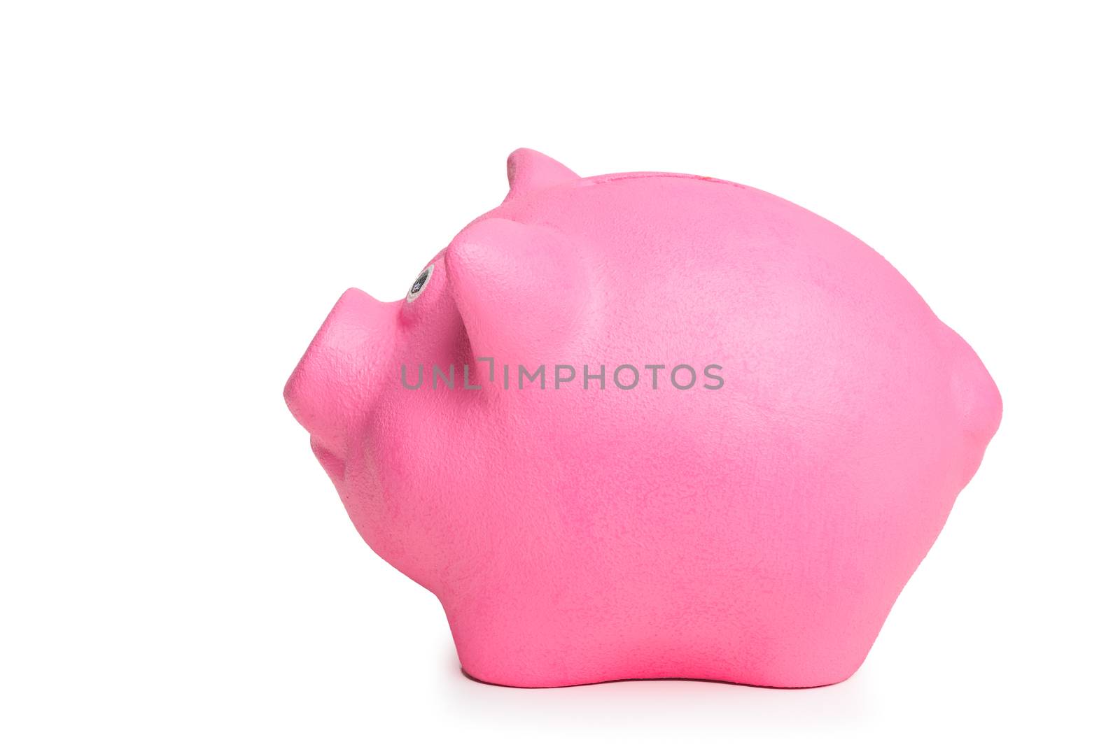 pink piggy bank isolated on white background side view close up