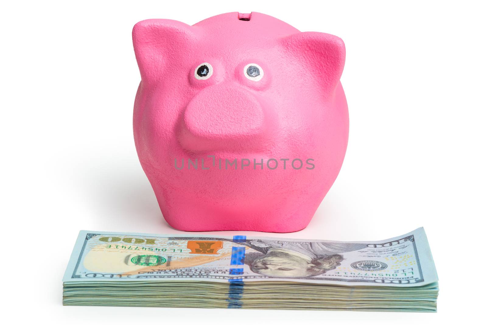 pink piggy bank and pile of american dollars on white background by kosmsos111