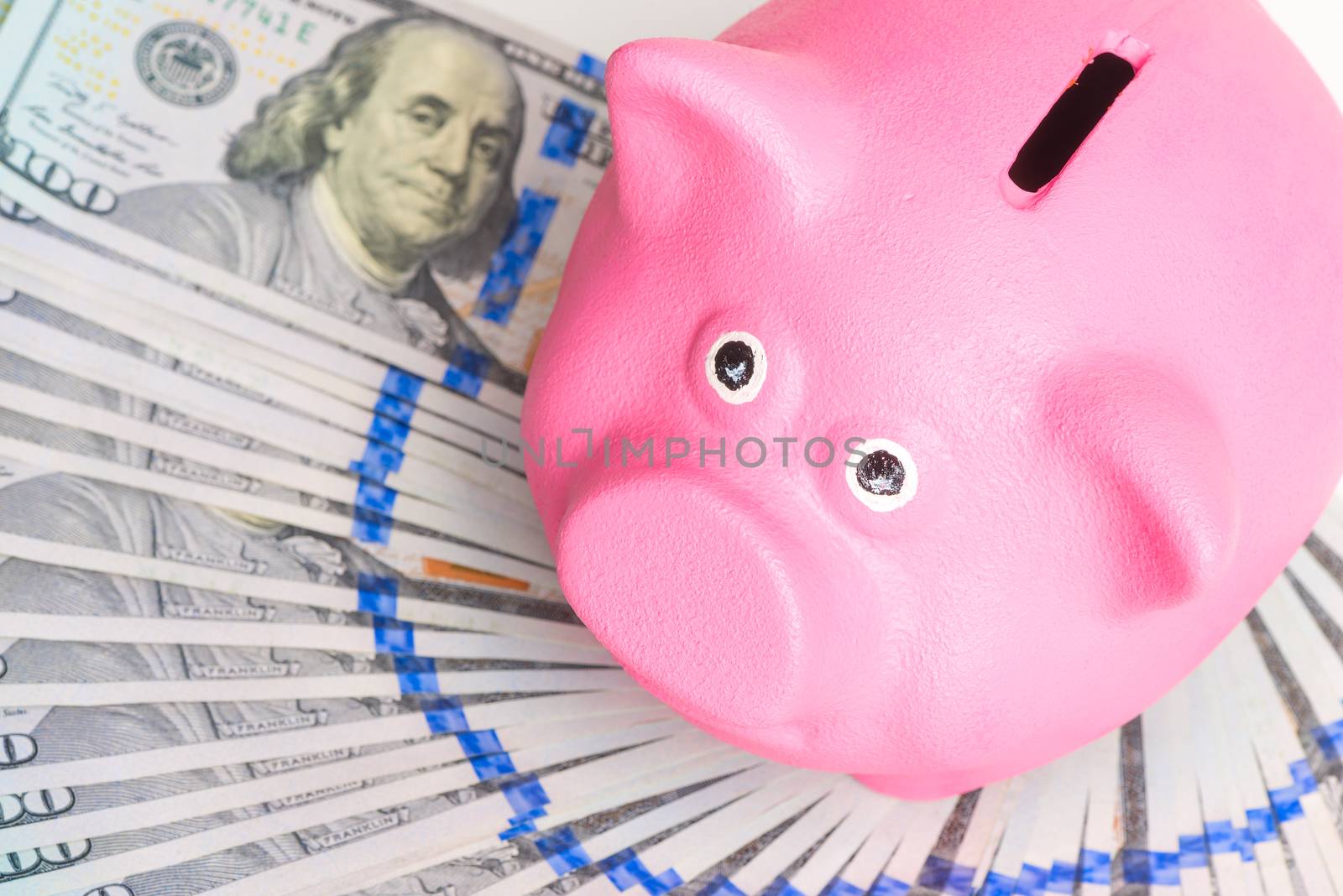 pink piggy bank stands on a fan of a pile of american dollars on a white background top view