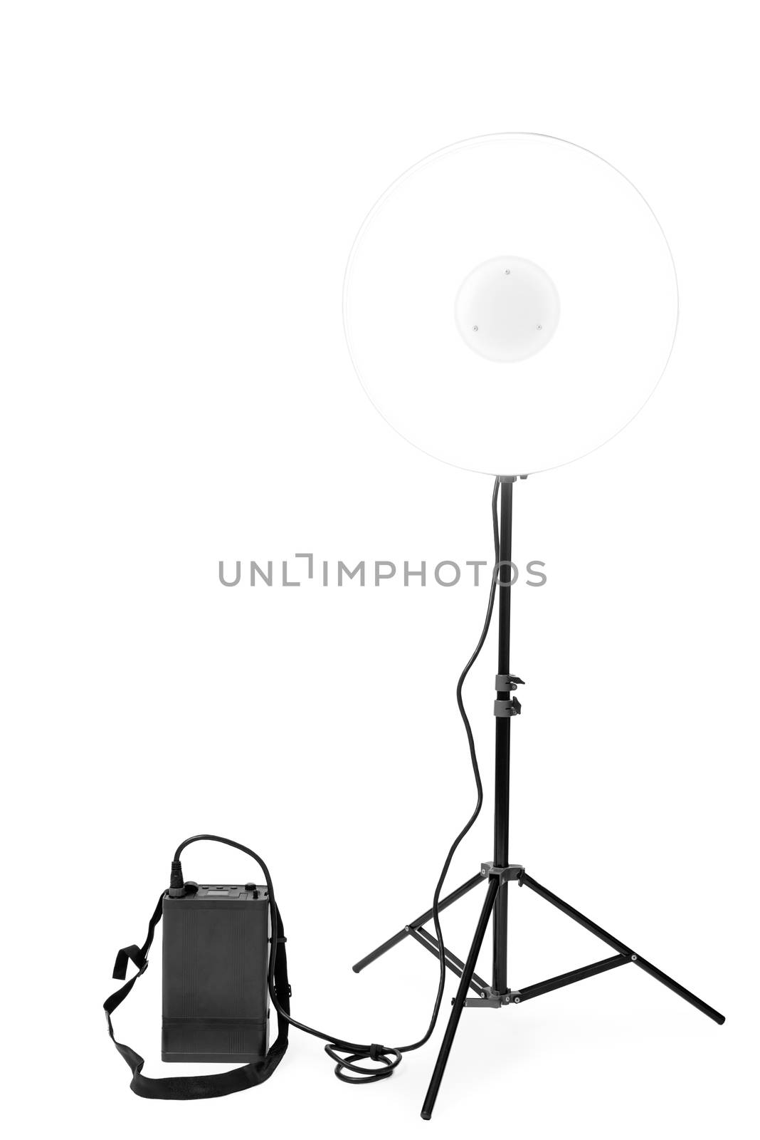 Photo flash with battery pack one on white background in studio close up