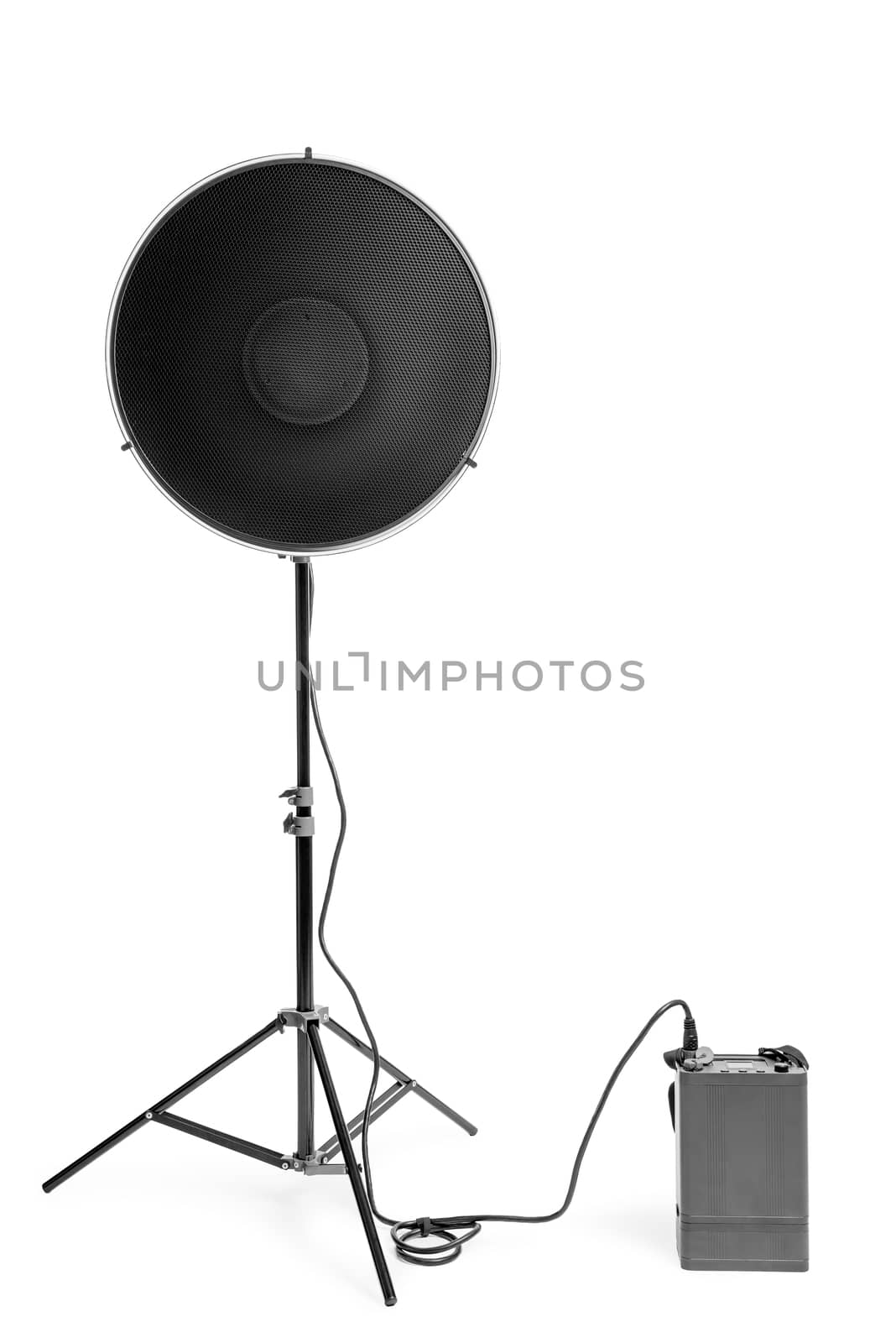 close up photo flash with one battery pack on white background