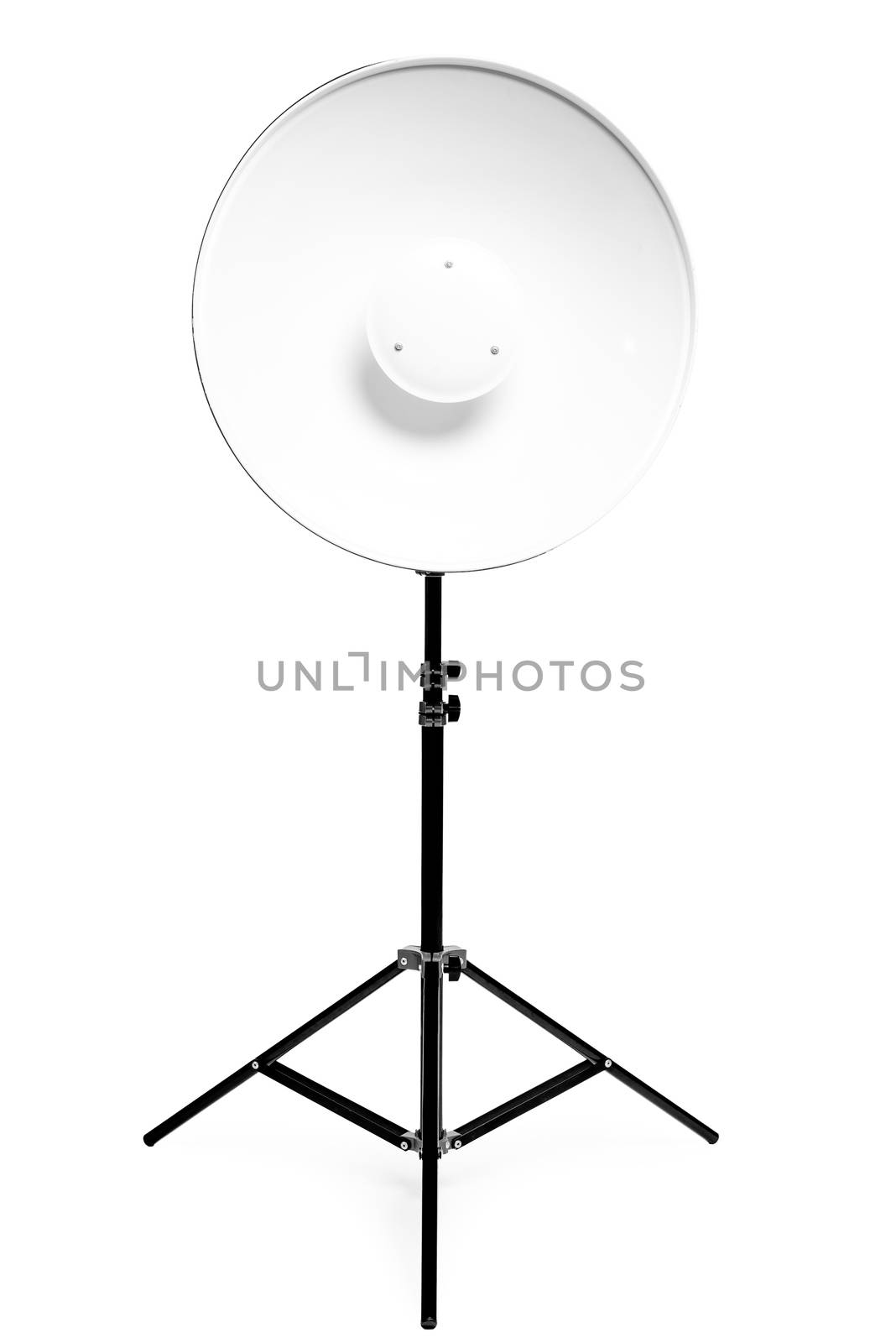 Round metal photo flash on a rack in a photo studio on a white background close-up