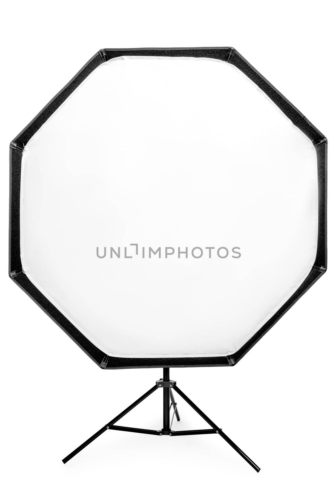 flash with octagonal softbox on the rack, studio equipment close by kosmsos111