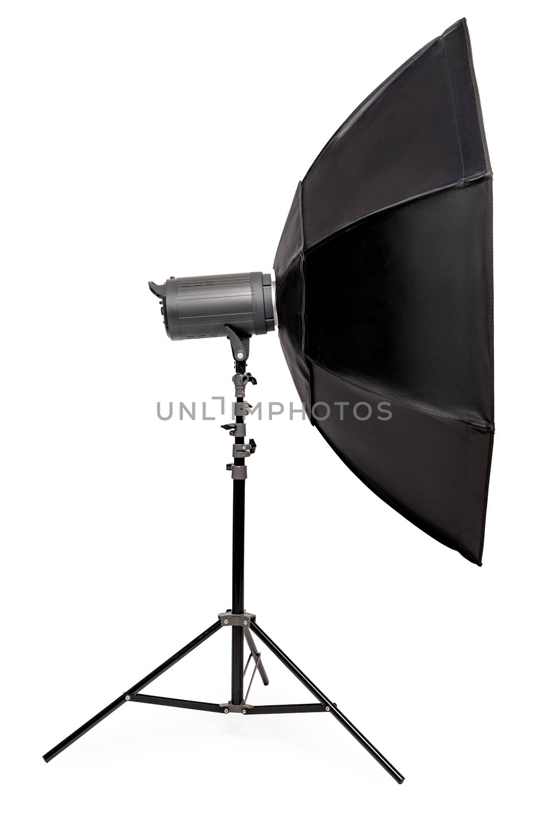 side view flash with octagonal softbox on stand, studio equipment close-up on a white background