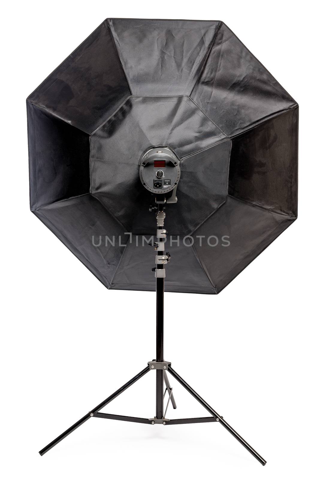 equipment flash with octagonal softbox on the rack in the studio by kosmsos111