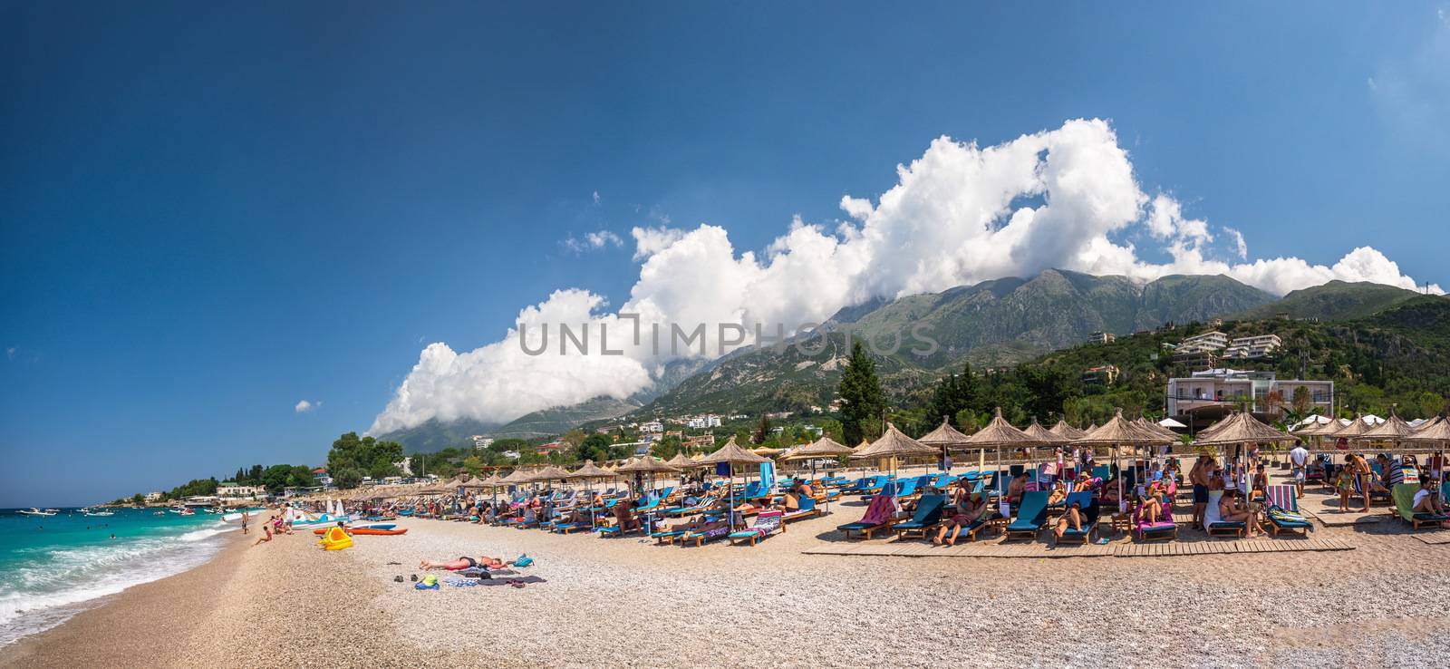 Dhermi, Albania - 07.08.2018. Panoramic view of the coast and beautiful beach in the resort of Dhermi in Albania on a sunny summer day