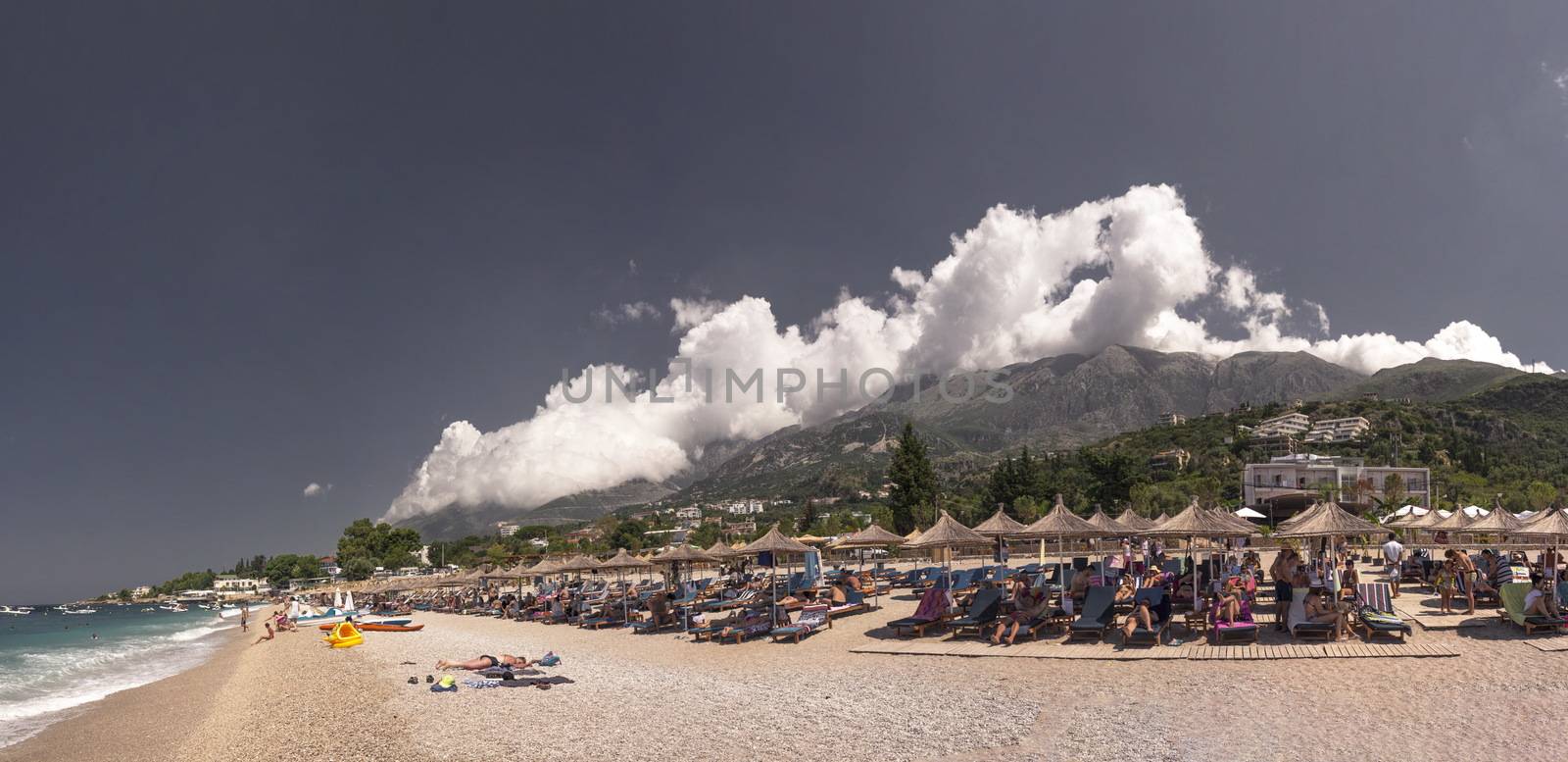 Dhermi, Albania - 07.08.2018. Panoramic view of the coast and beautiful beach in the resort of Dhermi in Albania on a sunny summer day