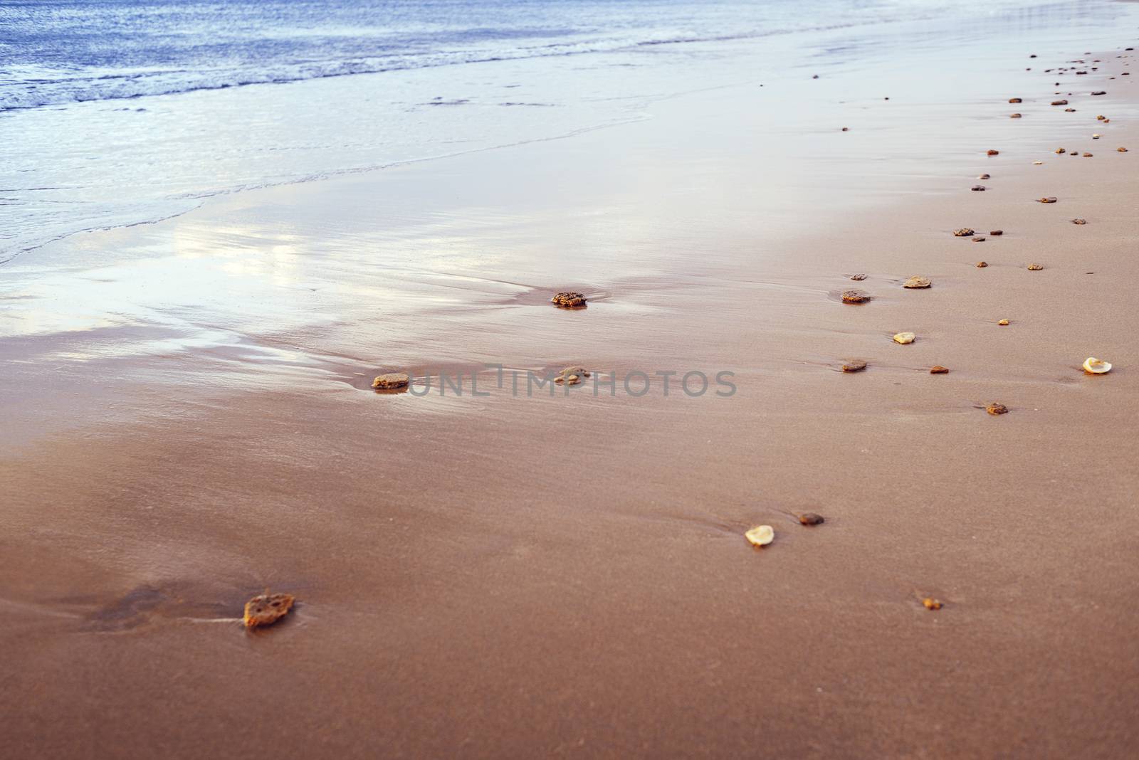 sandy sea shore with pebbles, blue water contrasts with golden sand