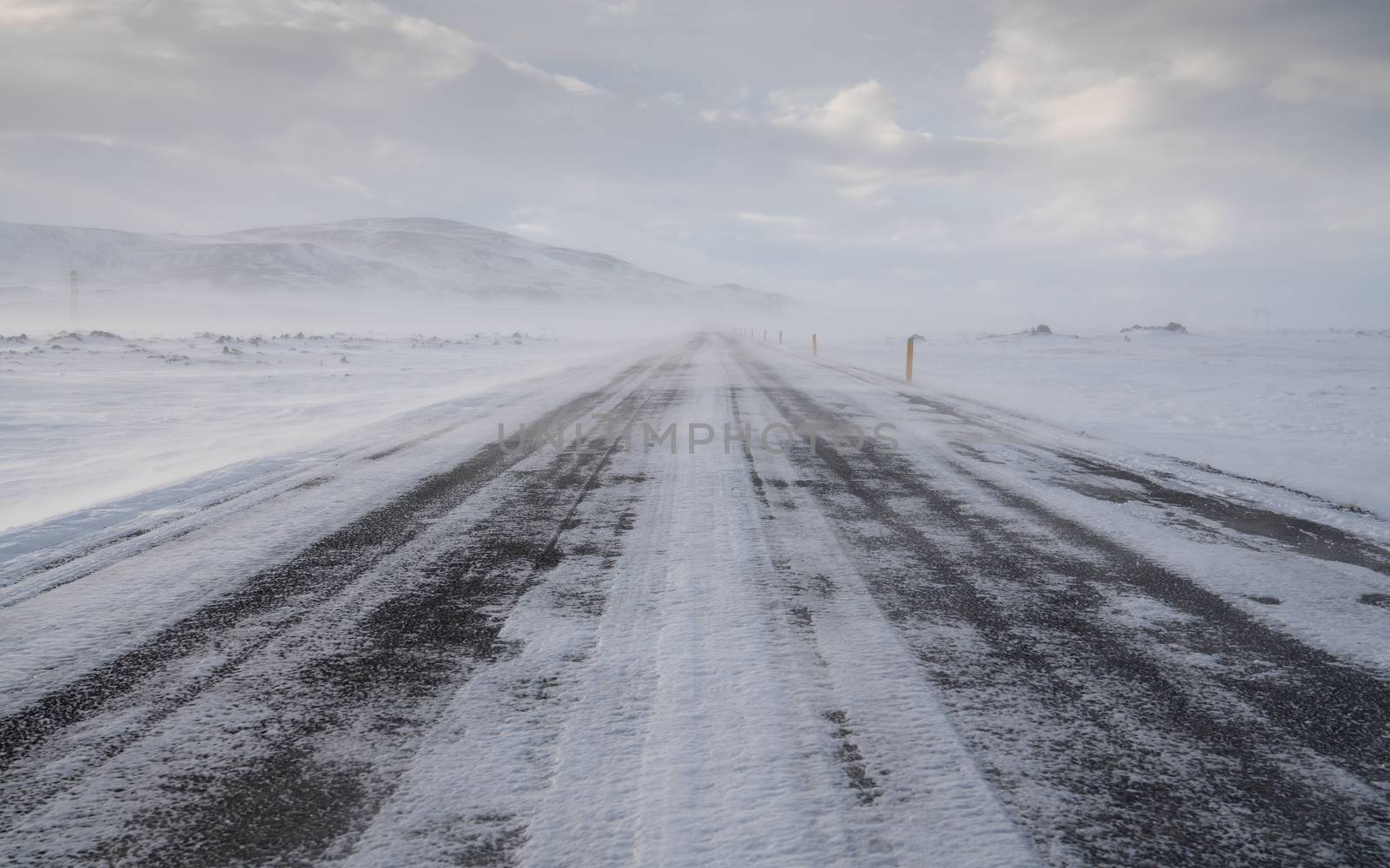 Road into the blizzard, winter in Iceland, Europe
