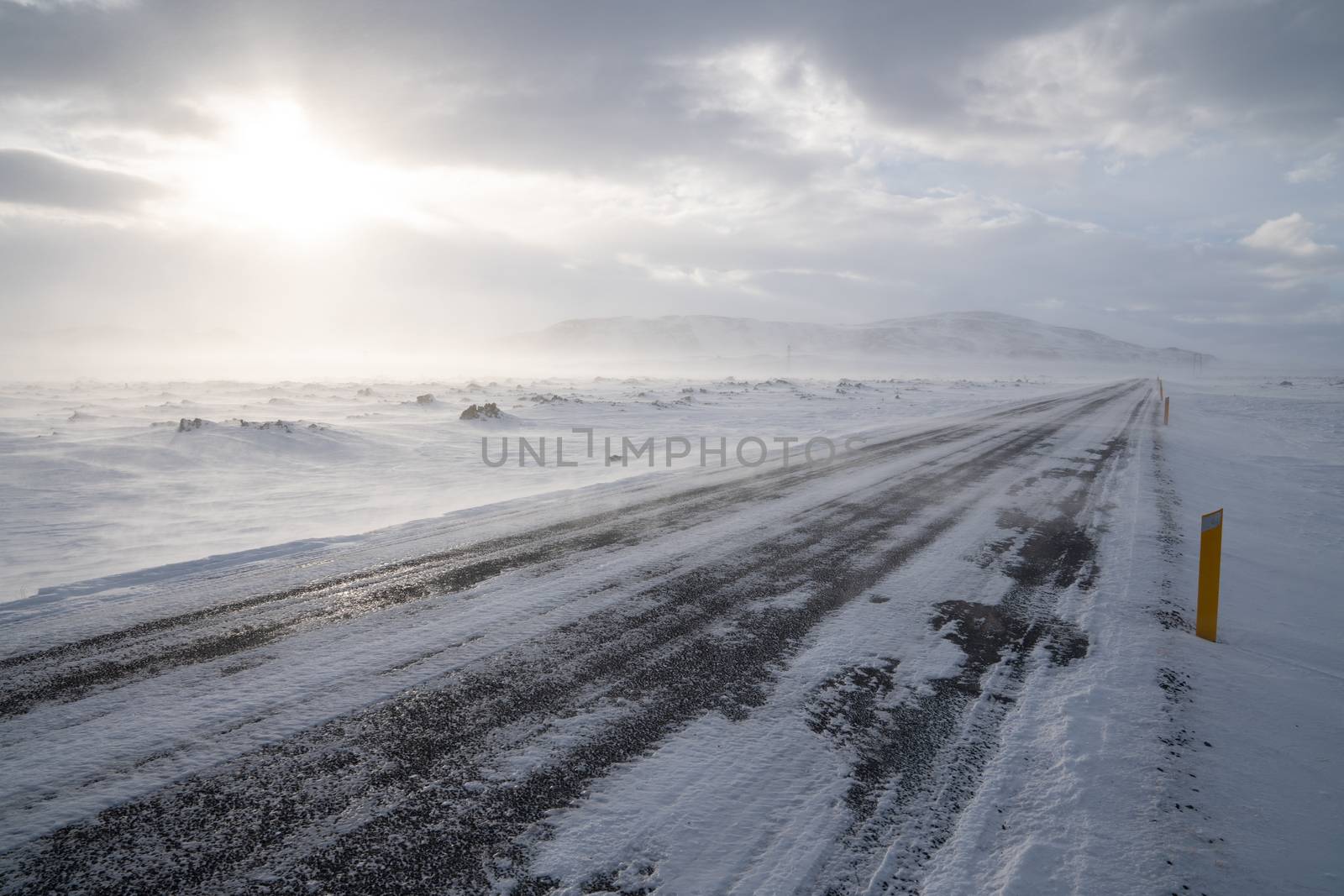 Road into the blizzard, winter in Iceland, Europe