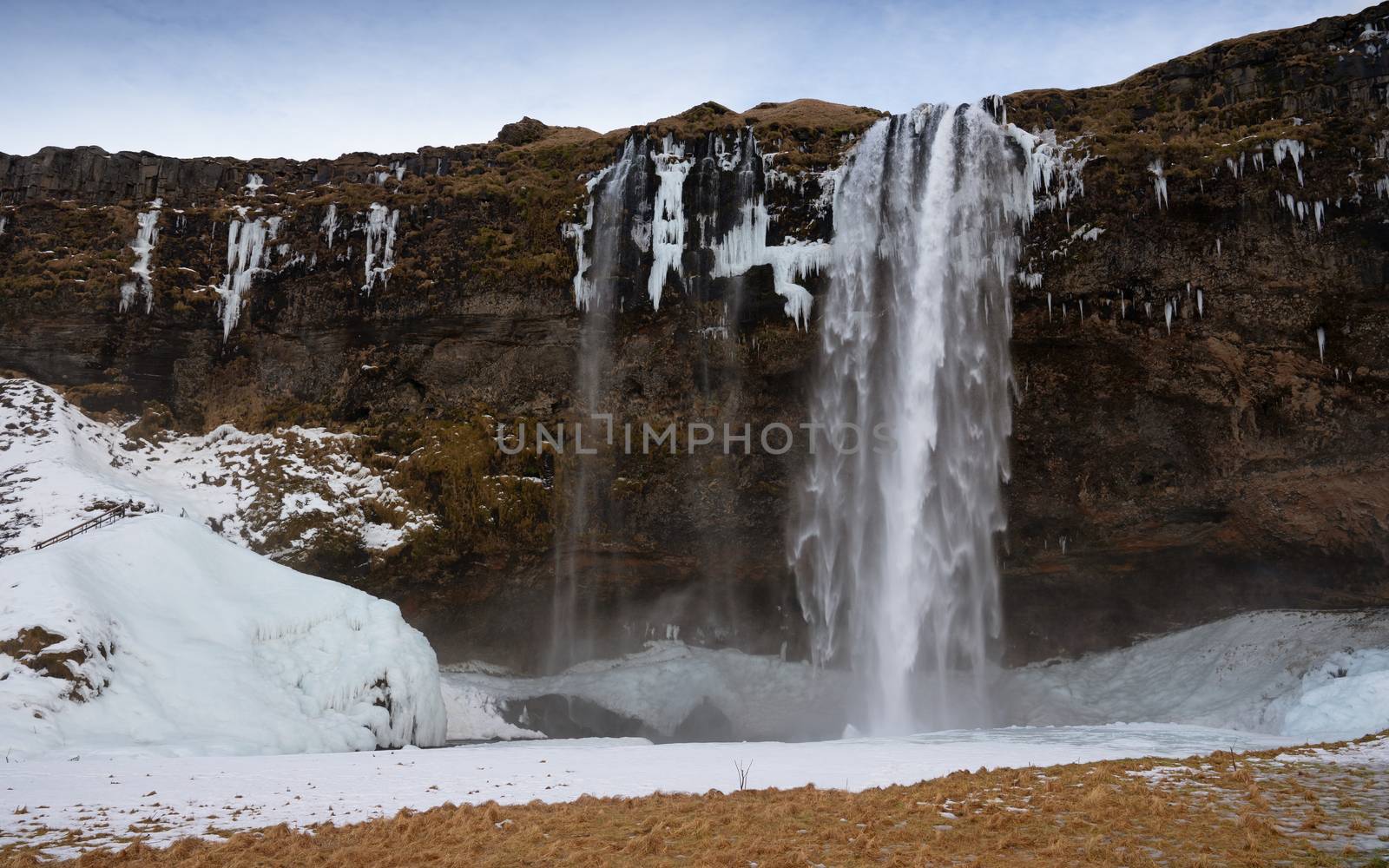 Beautiful Seljalandsfoss on a cold winter day, Iceland, Europe
