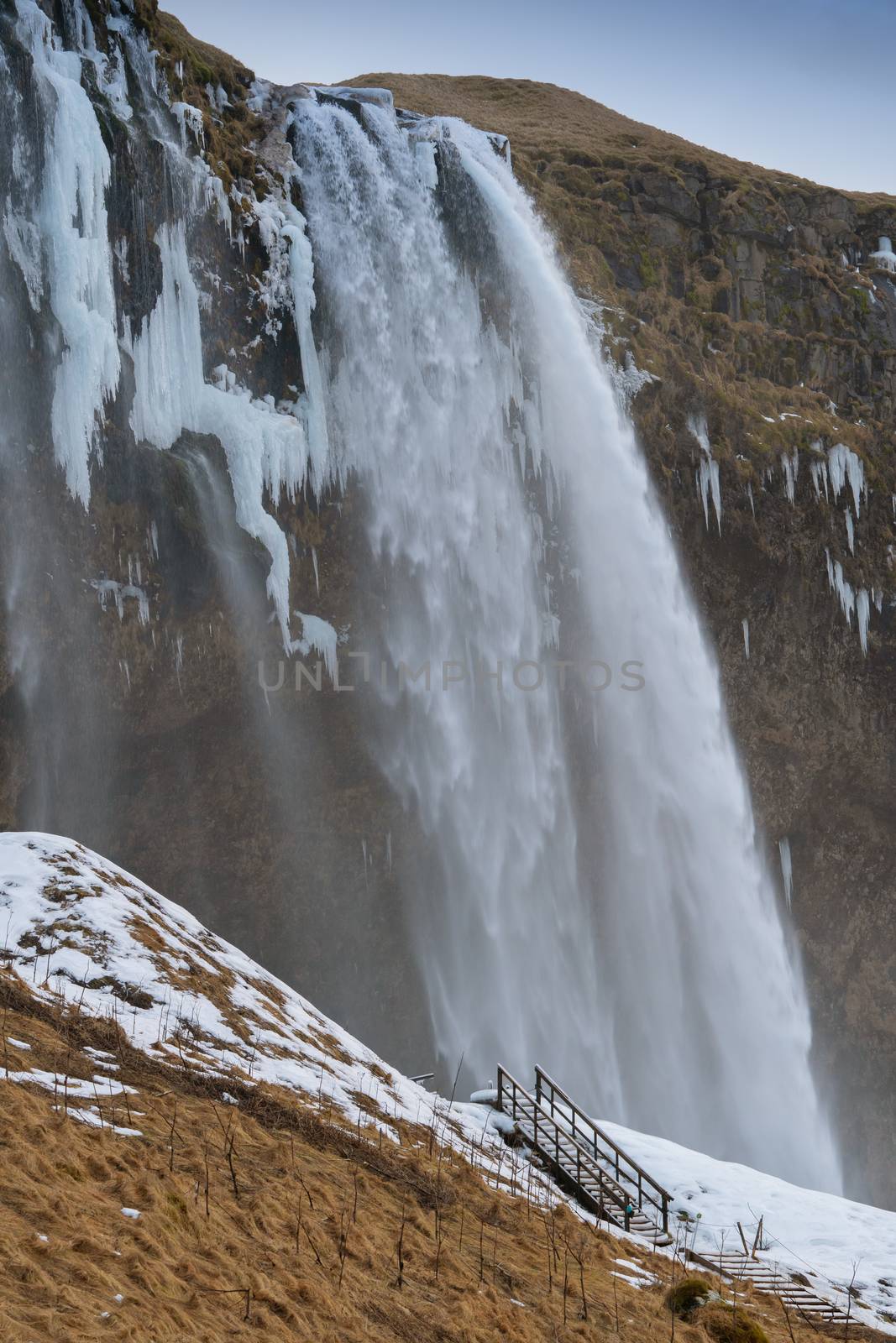 Beautiful Seljalandsfoss on a cold winter day, Iceland, Europe