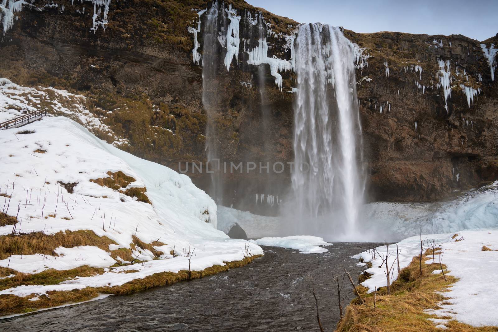 Beautiful Seljalandsfoss on a cold winter day, Iceland, Europe