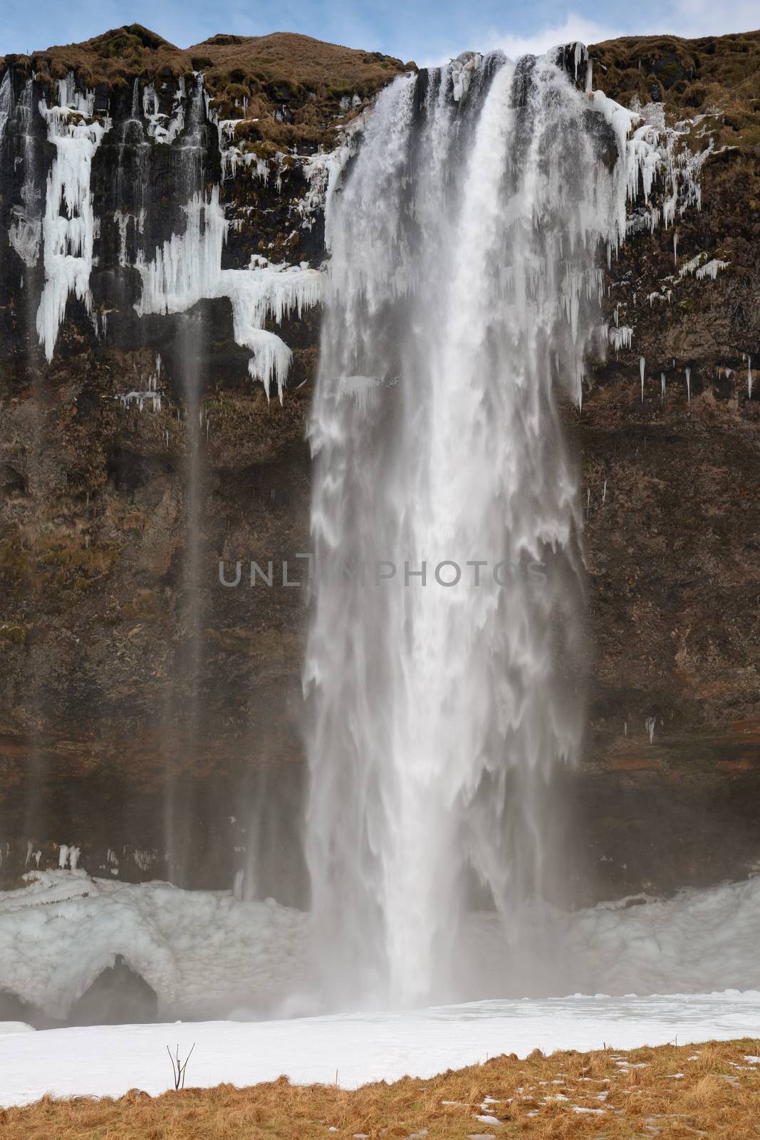 Beautiful Seljalandsfoss on a cold winter day, Iceland, Europe