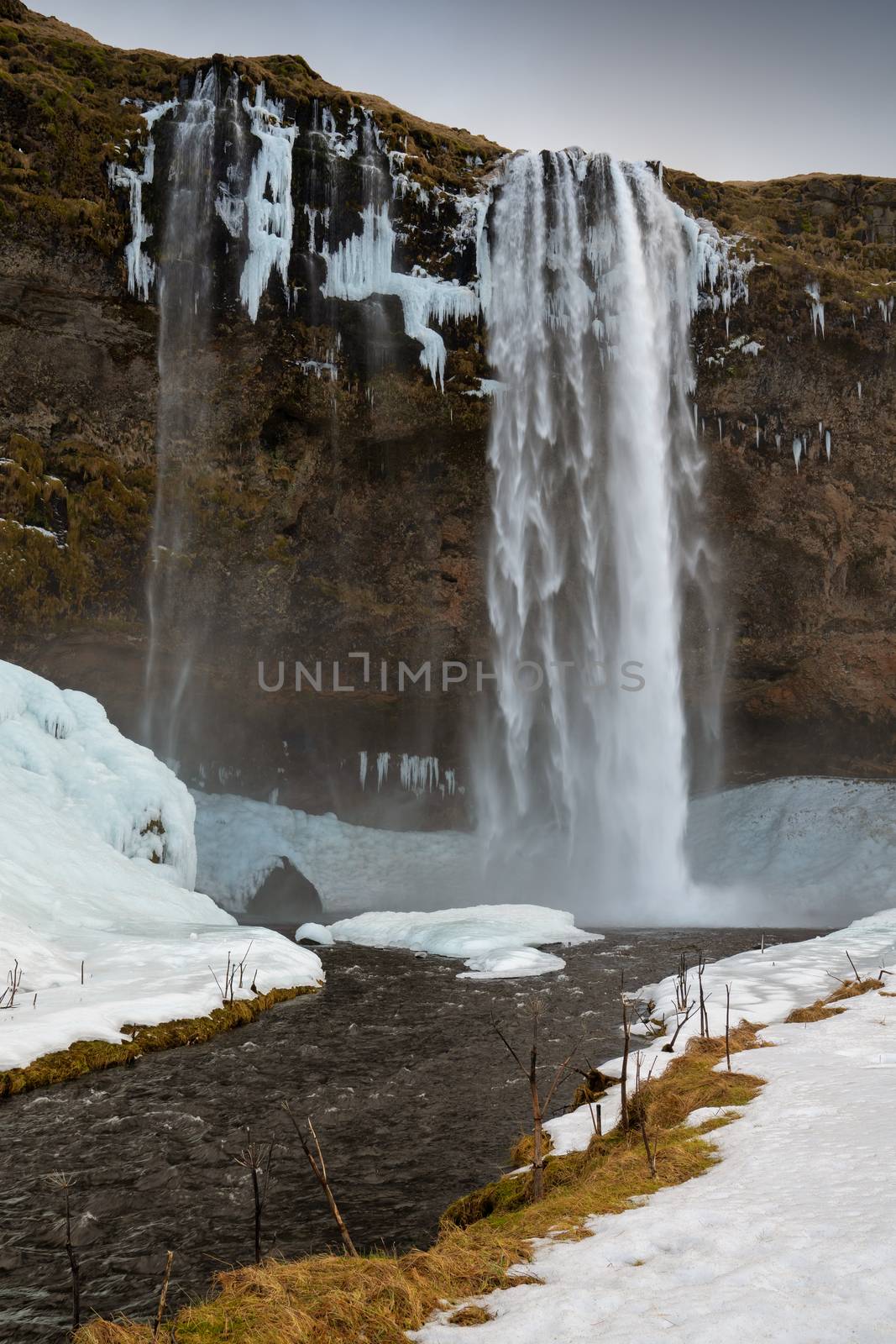 Beautiful Seljalandsfoss on a cold winter day, Iceland, Europe