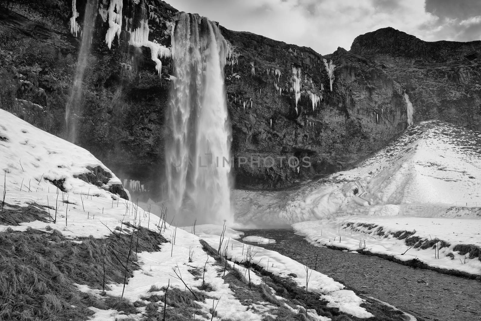 Beautiful Seljalandsfoss on a cold winter day, Iceland, Europe