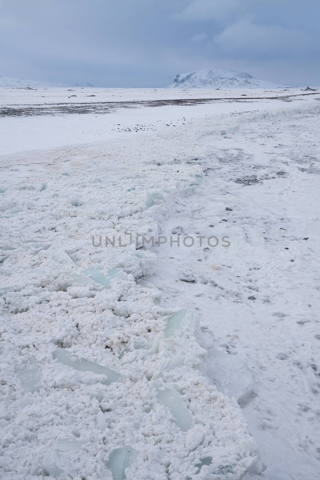 Panoramic view on a frozen river, winter in Iceland, Europe