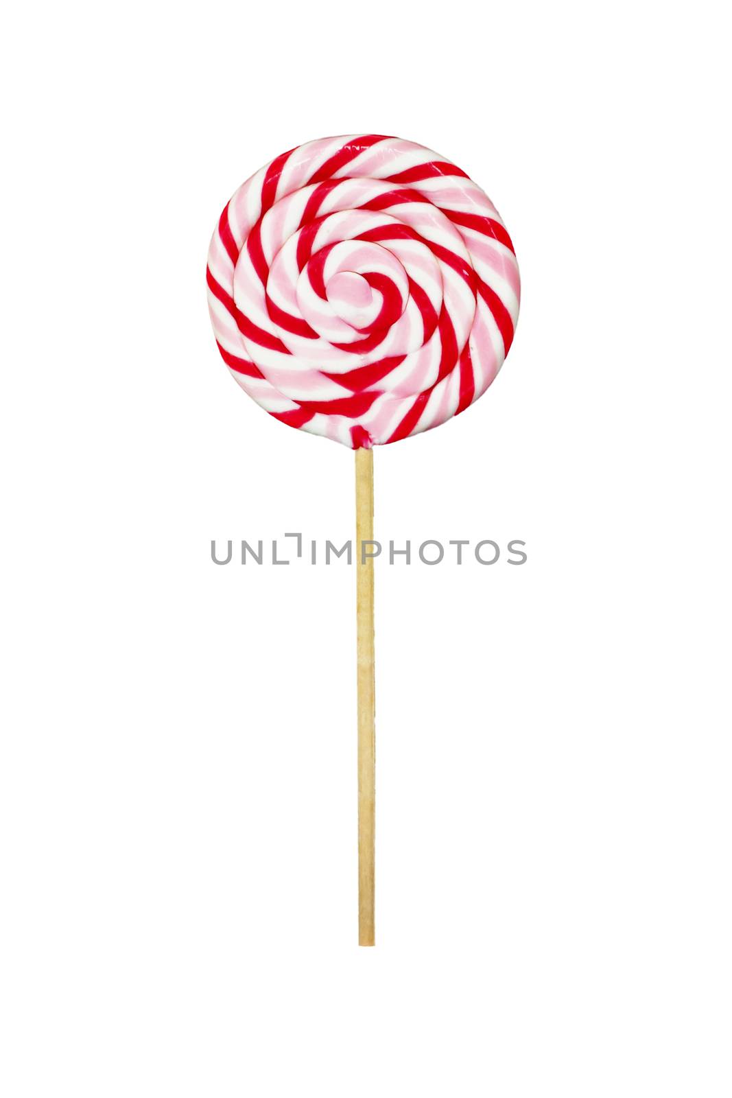 Colorful lolipop isolated on plain white background, wooden stick, red, rose and white spiral, childhood sweets, also unhealthy junk food concept