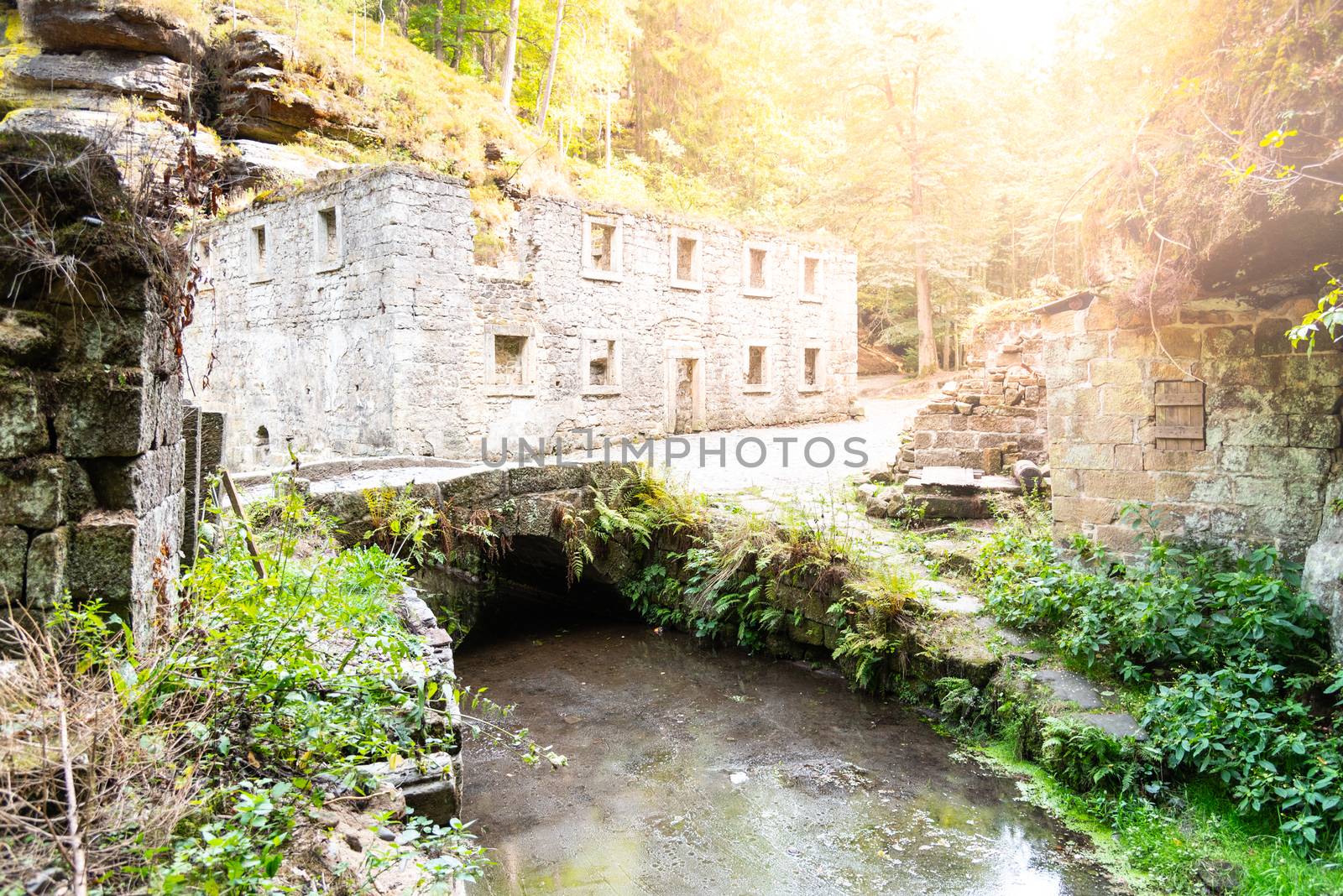 Ruins of Dolsky Mill, Dolsky mlyn, at River Kamenice in Bohemian Switzerland National Park, Czech Republic.