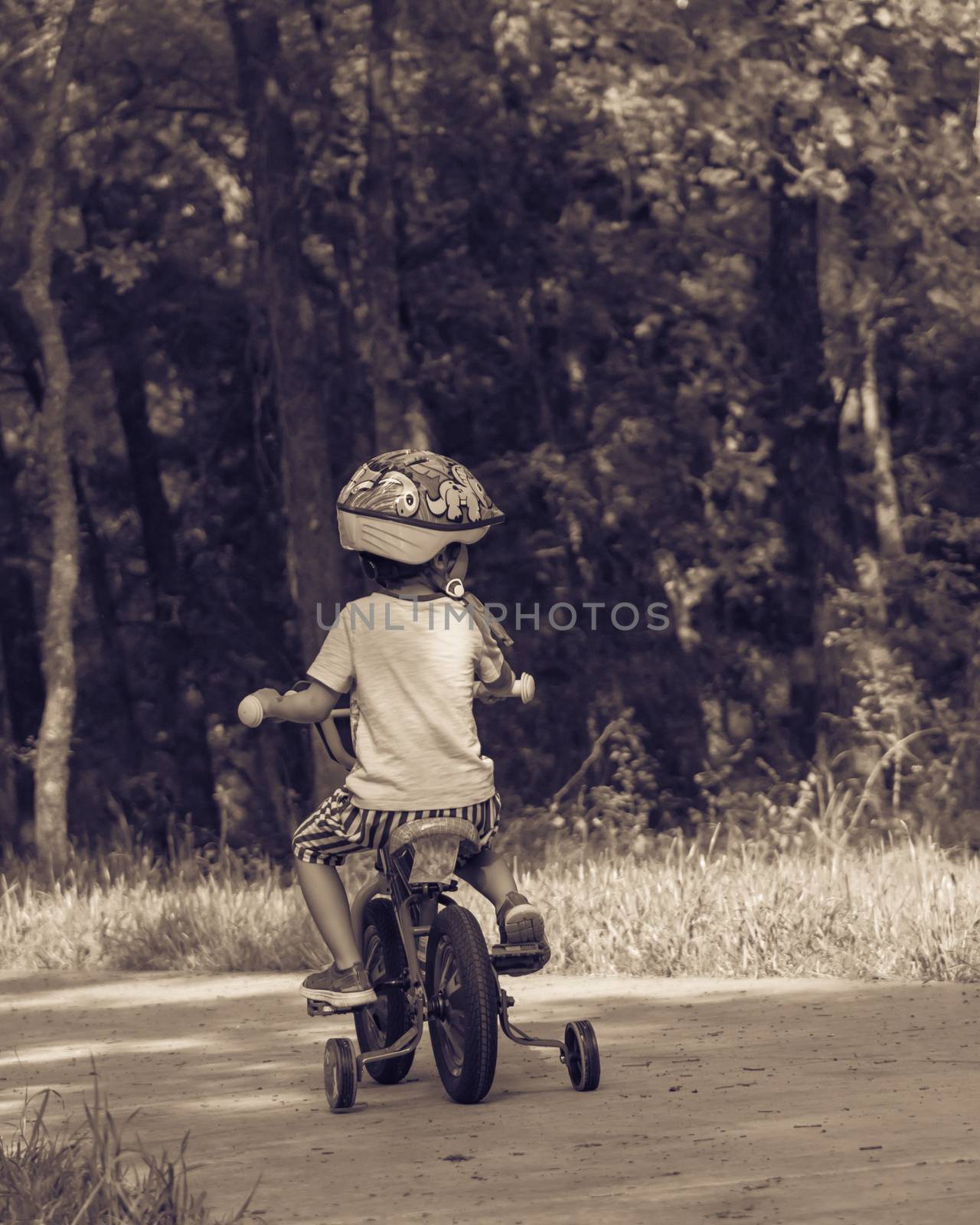 Vintage tone rear view of Asian toddler boy riding tricycle at nature park near Dallas, Texas, USA. Healthy kid cycling with helmet, short and sneaker on park concrete pathway