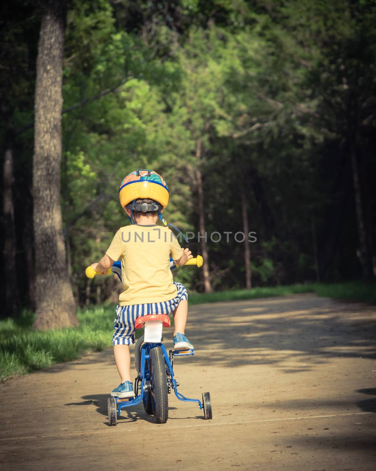 Filtered image back view of healthy Asian kid riding bicycle in  by trongnguyen