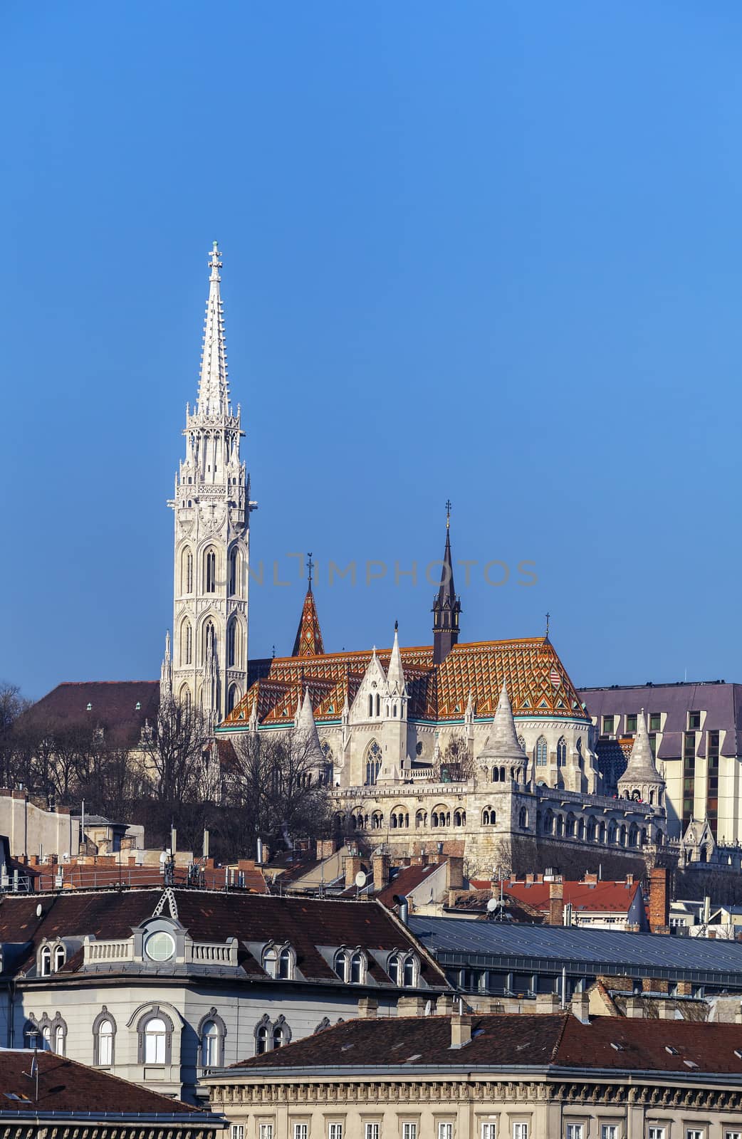 View of Matthias Church and Fisherman's Bastion in Budapest from Chain bridge