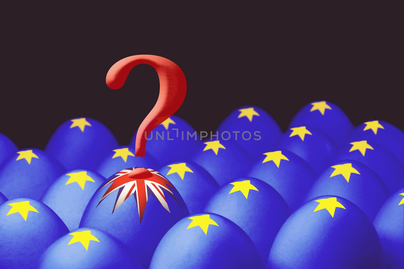 Concept of Brexit is presented from jumping egg with a British flag out of the box with eggs with the flag of the European Union and red question mark by galsand