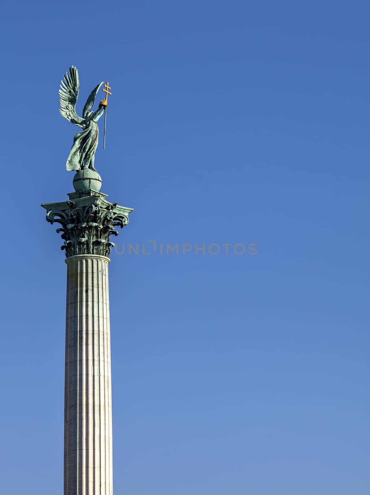 Statue of Archangel Gabriel on top of a column on Heroes' square, Budapest, Hungary
