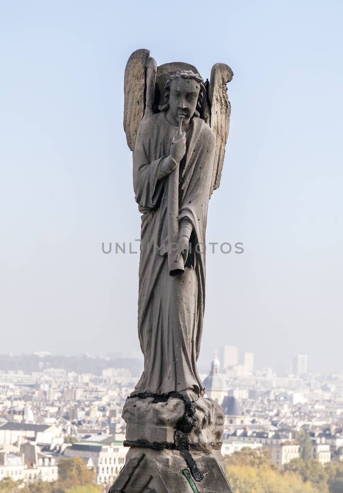 Archangel Gabriel blowing in his horn on the roof of Notre-Dame de Paris, France