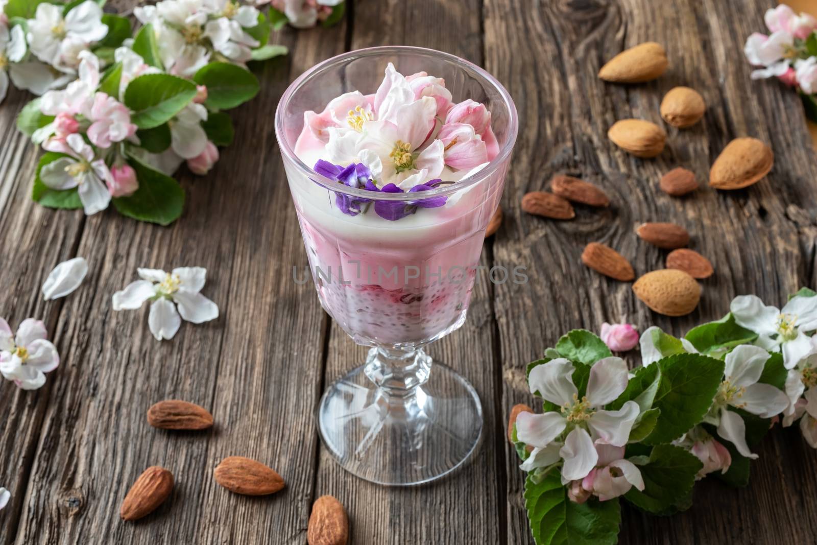 Layered chia pudding with almond milk, yogurt, red currants and apple blossoms