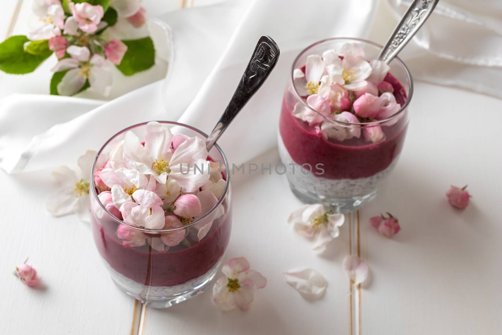 Layered chia pudding with yogurt, blueberries and apple blossoms