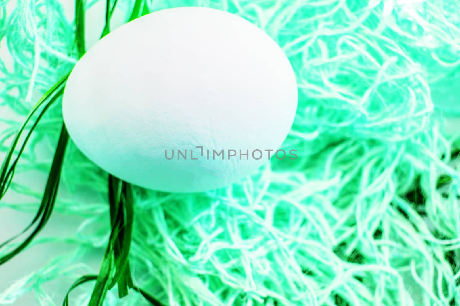 Easter concept, white egg on neon green background, woven fabric nest, top view, copy space, modern design.
