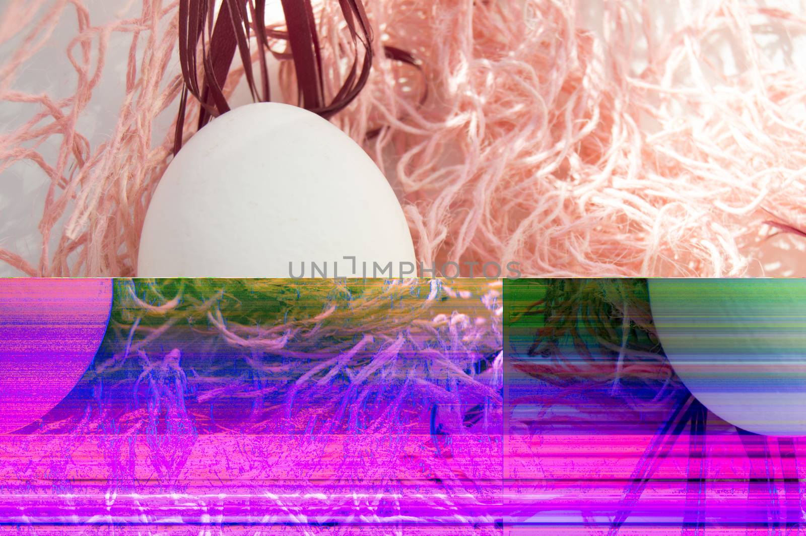 Shooting Easter, one egg on a pink background - damaged file. Abstract texture background noise Glitch camera VHS pixel error. by claire_lucia