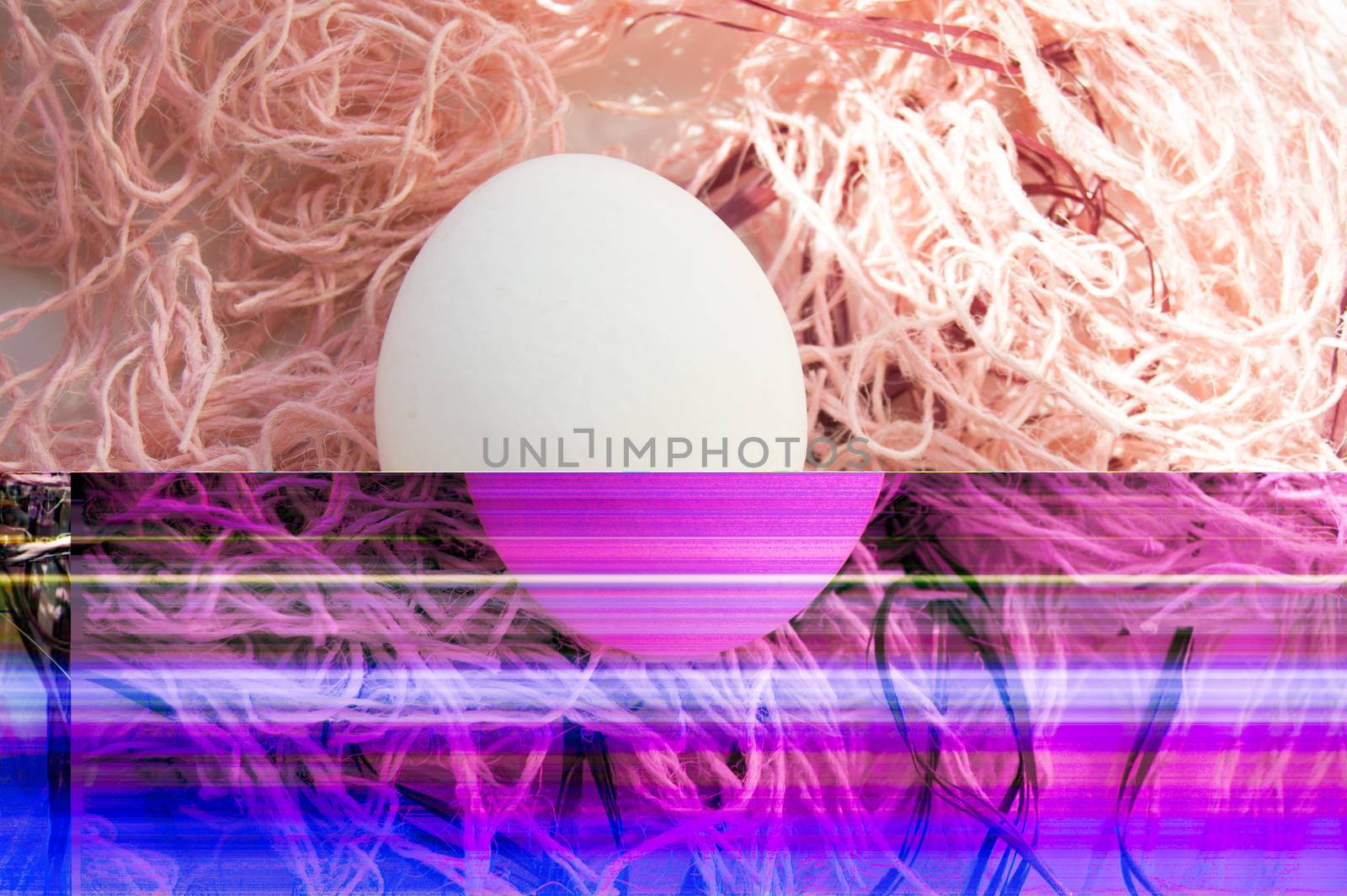 Shooting Easter, one egg on a pink background - damaged file. Abstract texture background noise Glitch camera VHS pixel error. by claire_lucia