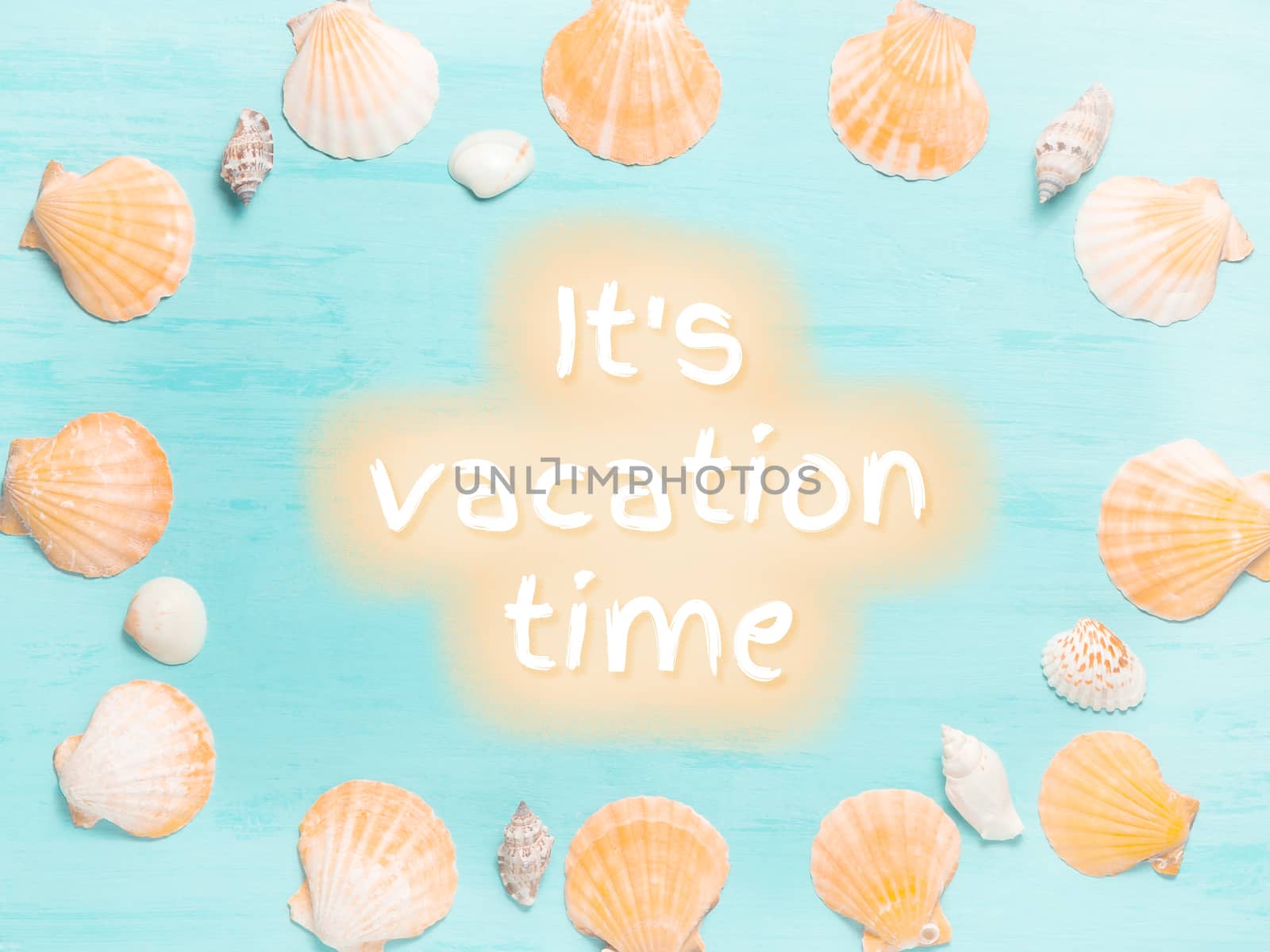 Blue sea background with seashell border and text It's Vacation Time, summer holidays and vacation time concept by galsand