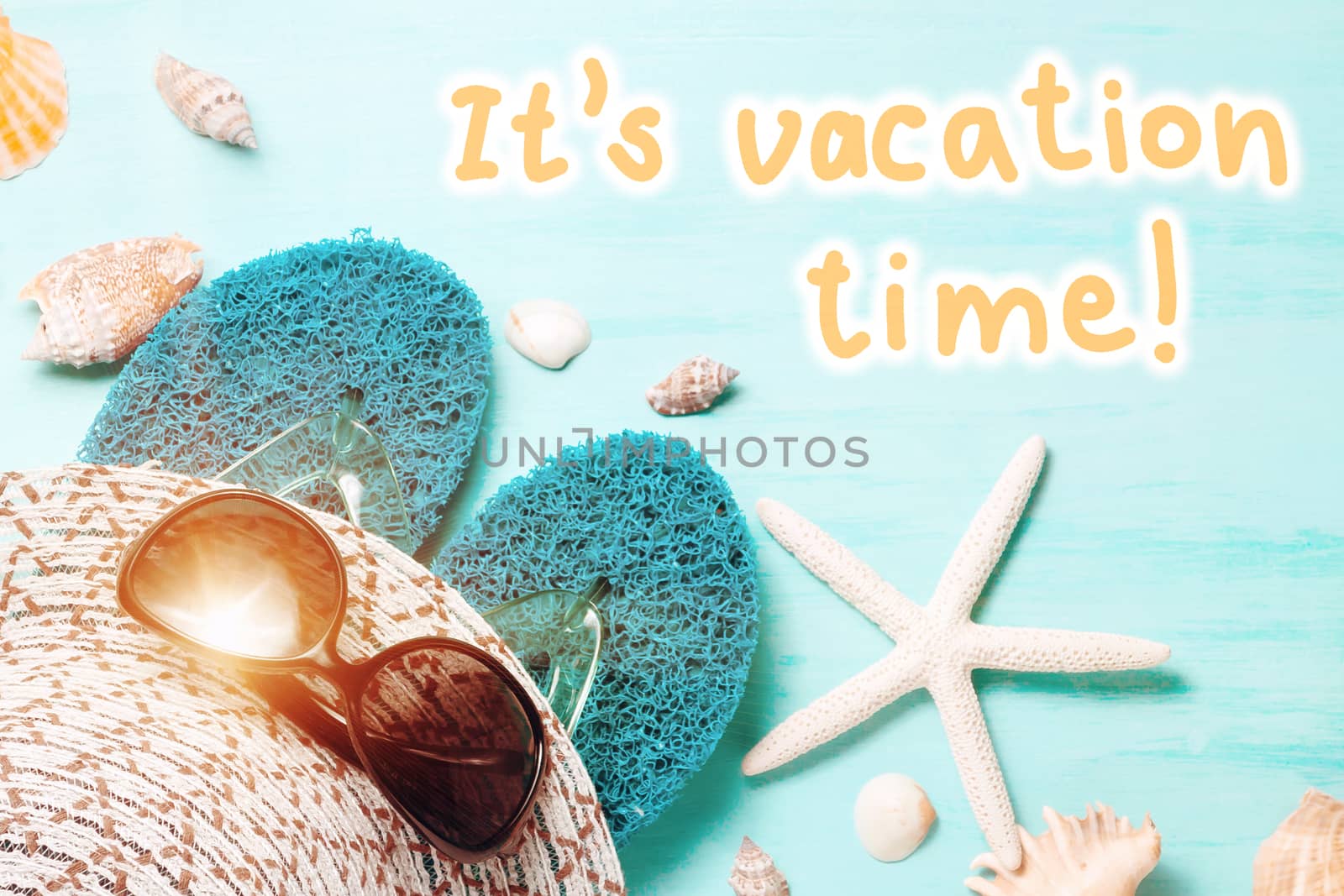 Blue sea background with seashell border and text It's Vacation Time, summer holidays and vacation time concept by galsand