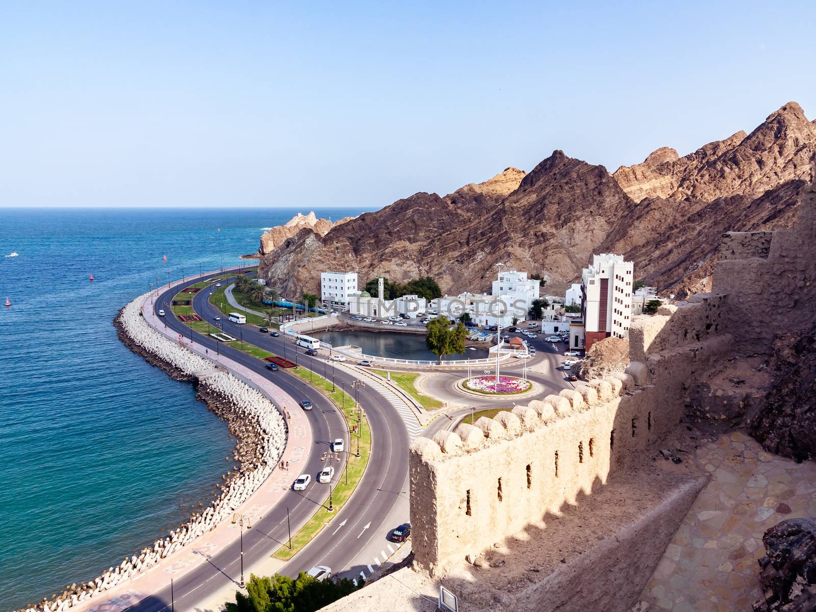 Panoramic view of the city Muscat capital of Oman and the coast of the Gulf of Oman from Fort Muttrah.