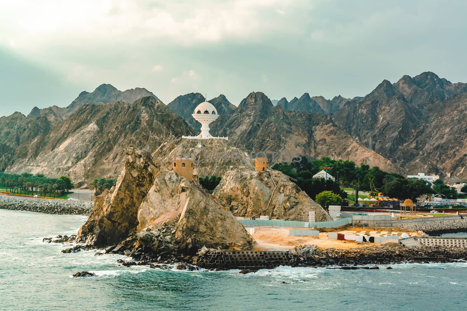 Muscat, Oman - December 16, 2018: view of the Riyam Park Monument from the sea by galsand