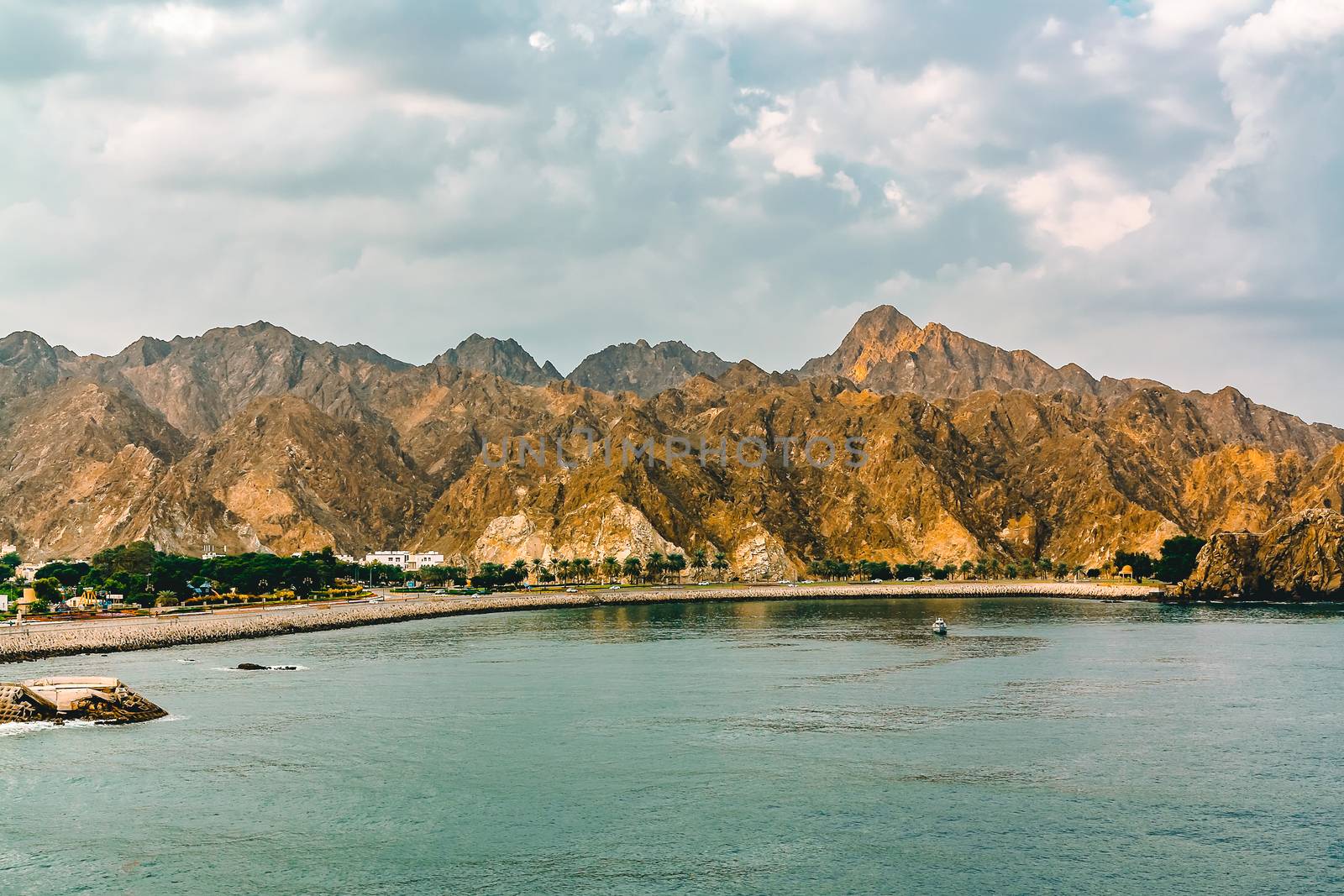 Coast of the Gulf of Oman near Muscat, view from the sea.