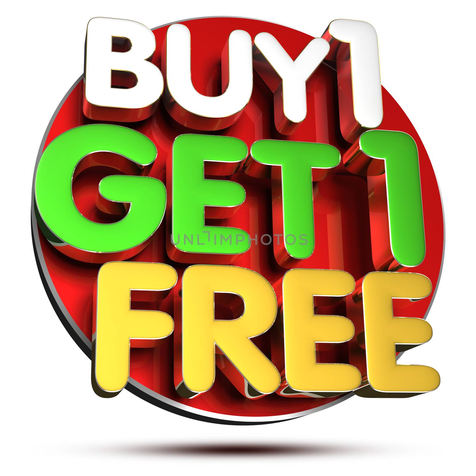 Buy 1 Get 1 Free 3D rendering on white background.