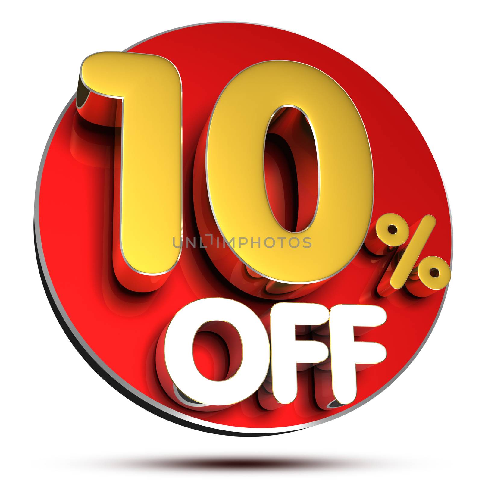 10 Percant off 3D rendering on white background.(with Clipping Path).