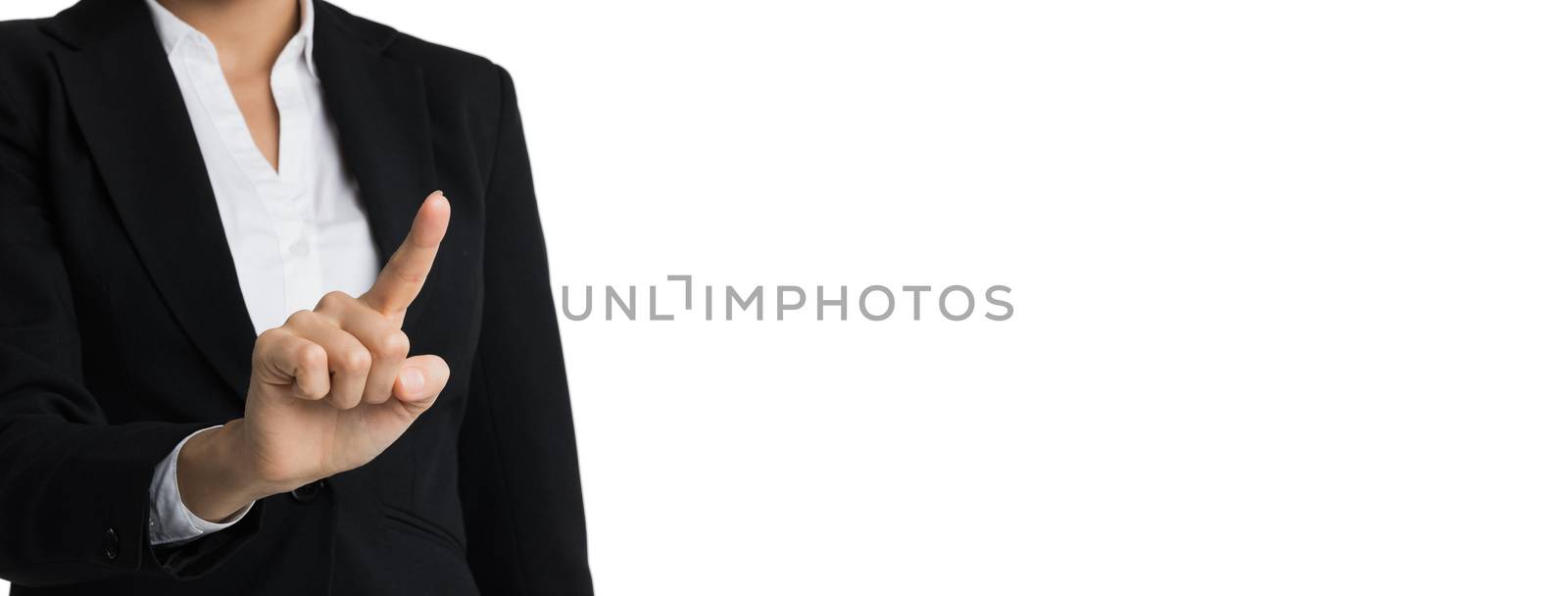Businesswoman pointing her finger on empty copy space, isolated over white background