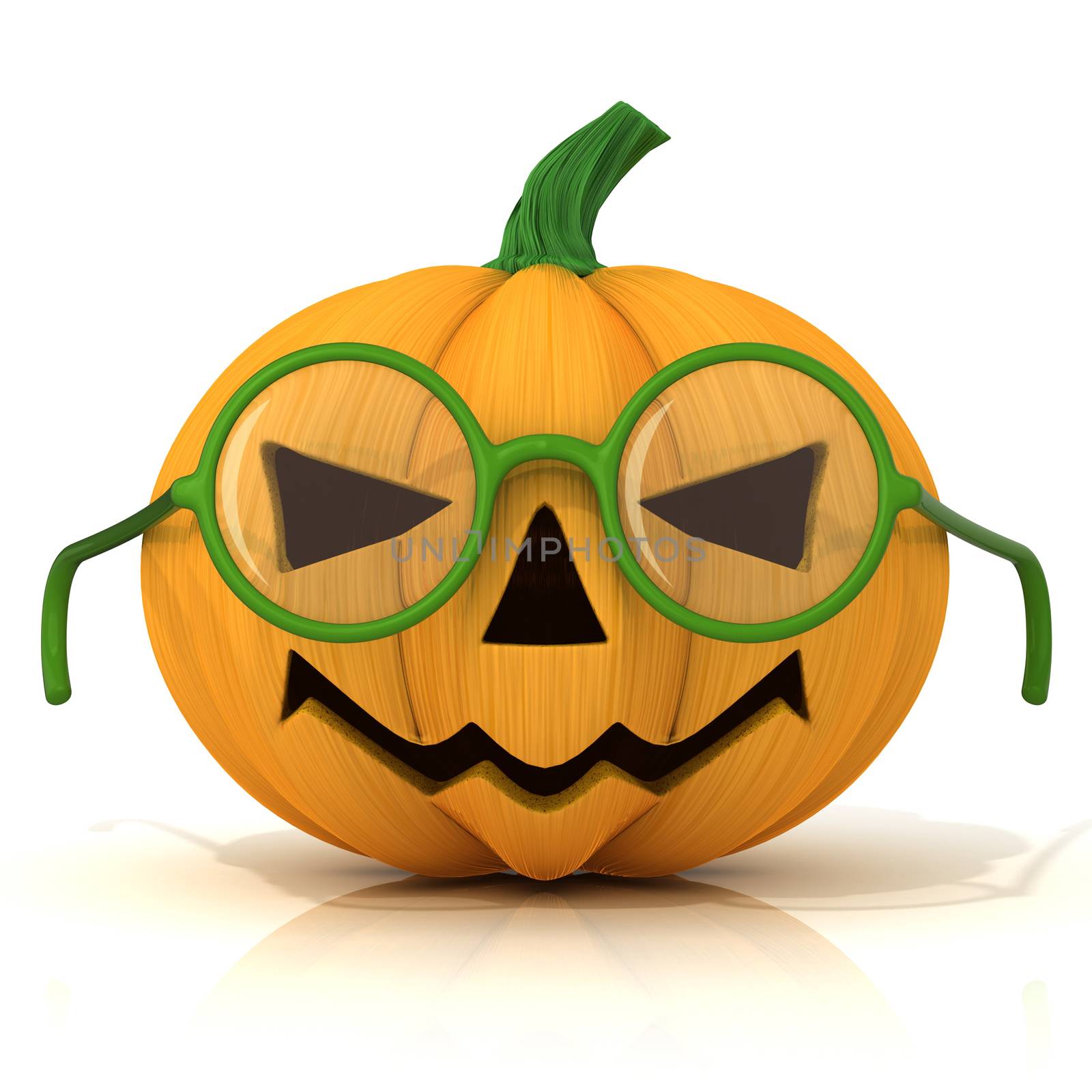 Funny Jack O Lantern. Halloween pumpkin with green glasses, isolated on white. Front