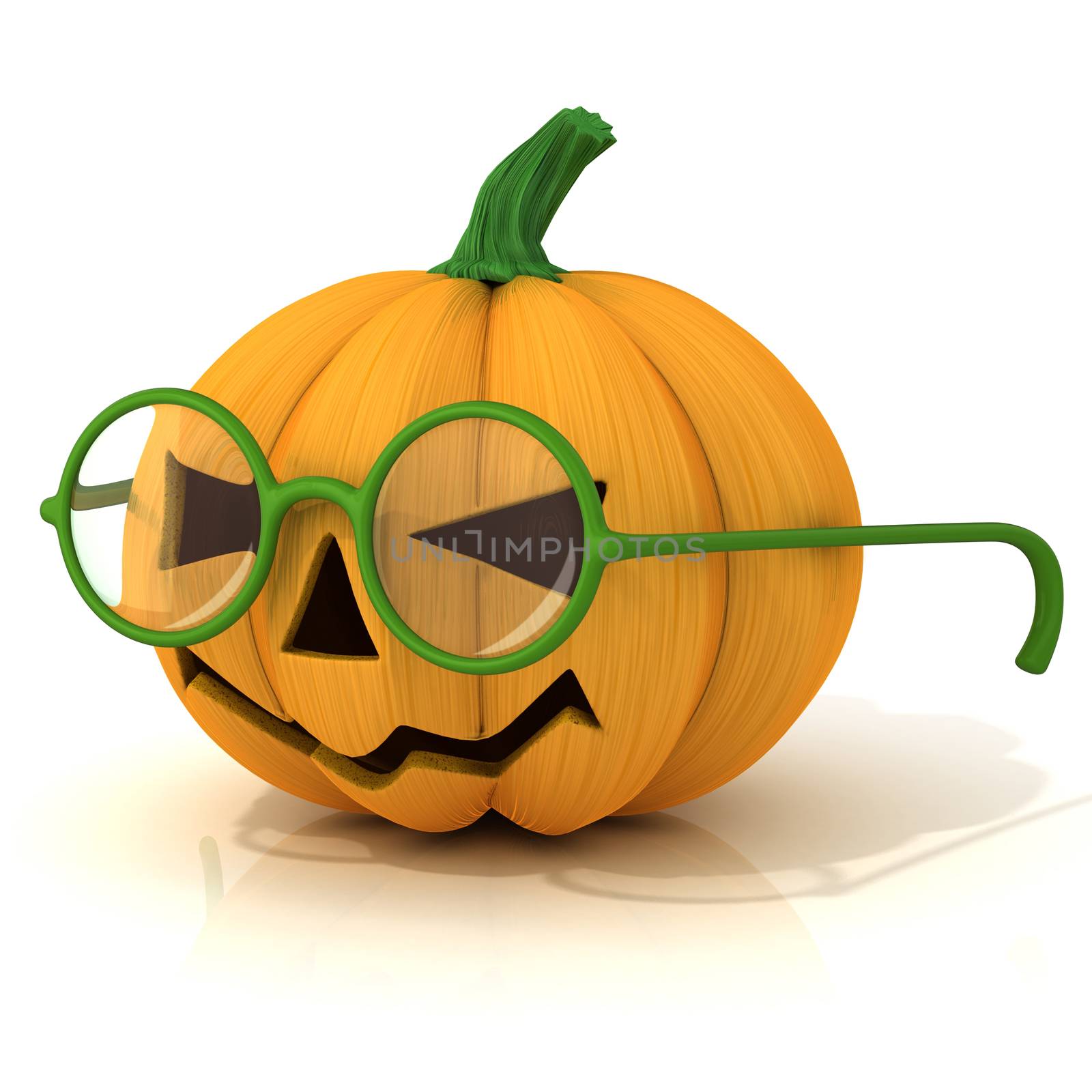 Funny Jack O Lantern. Halloween pumpkin with green glasses, isolated on white. Side