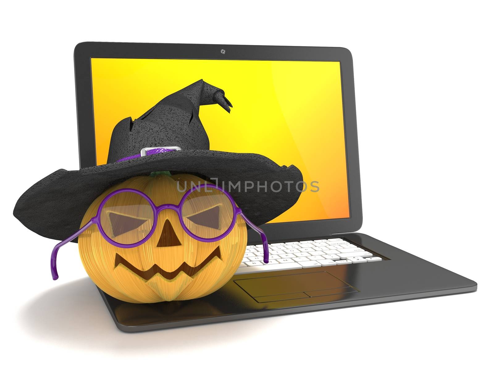 Laptop with funny Jack O Lantern and Halloween witch hat. 3D by djmilic