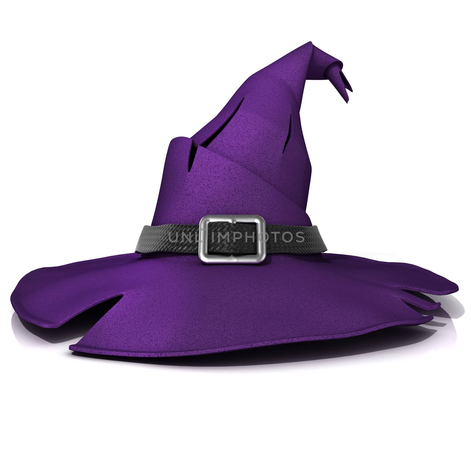 Halloween, witch hat. Purple hat with black belt. Isolated on white background