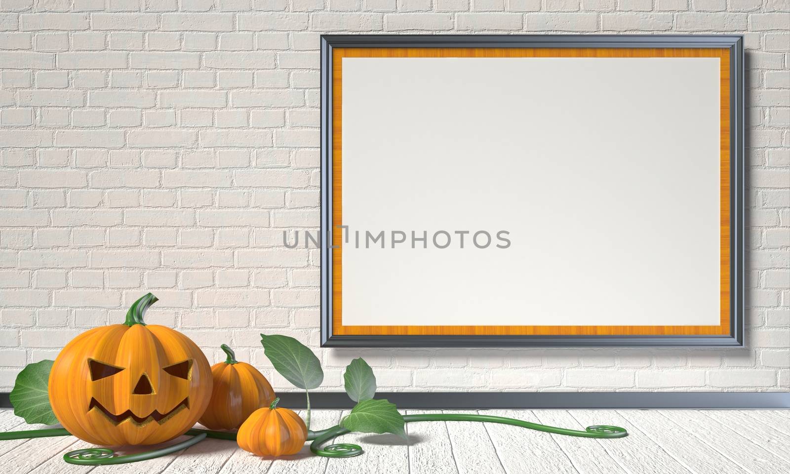 Jack O Lantern pumpkin, green leafs and mock up blank poster on white wall. 3D render illustration background