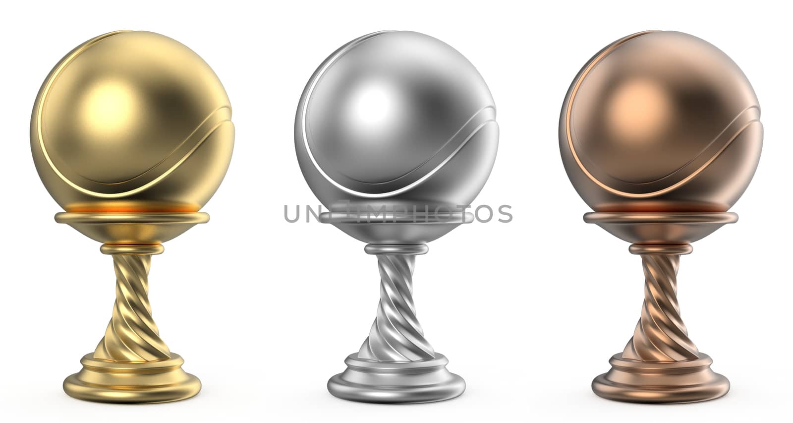 Gold, silver and bronze trophy cup TENNIS 3D render illustration isolated on white background