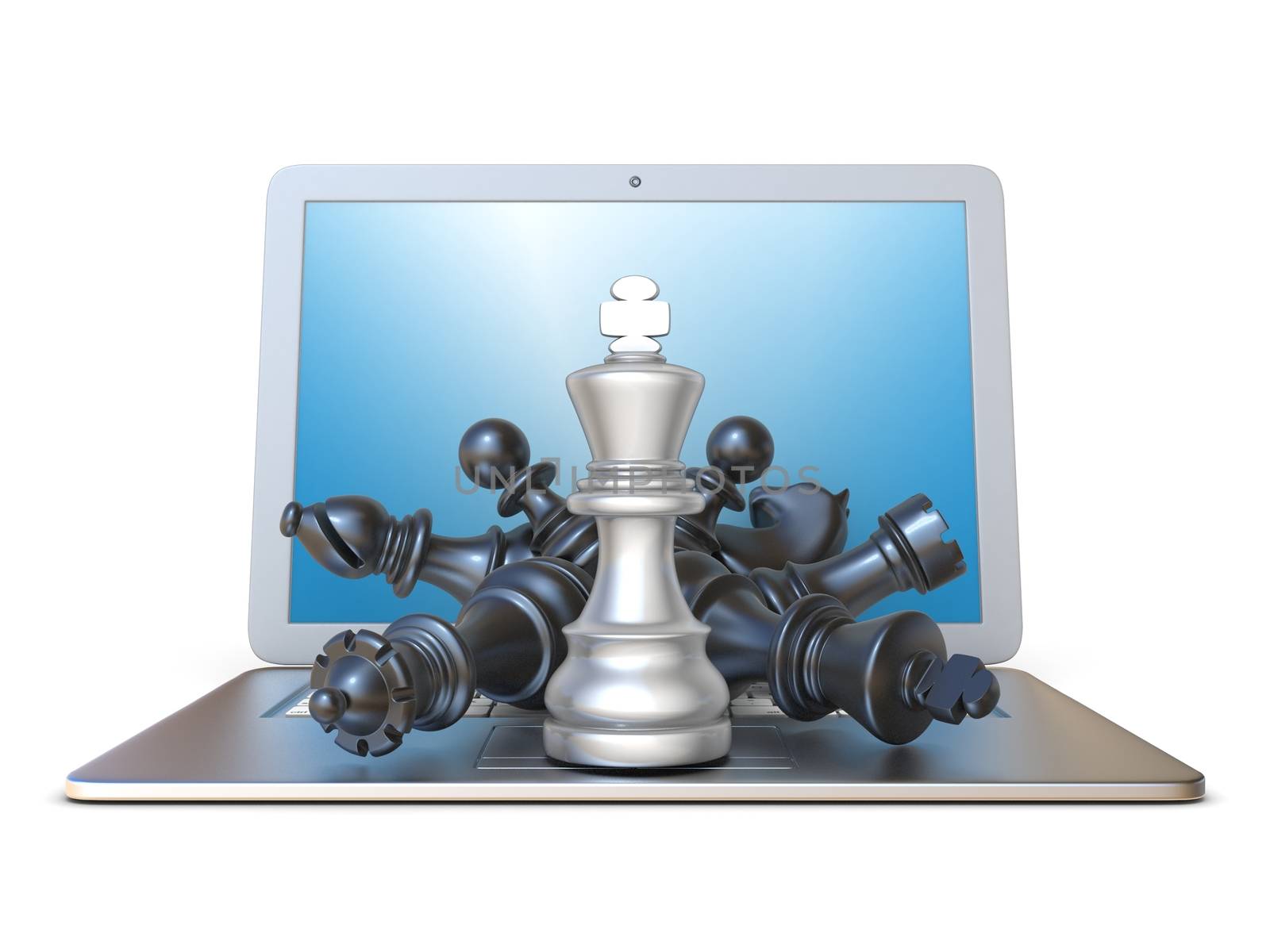 Chess pieces on open laptop front view 3D render illustration isolated on white background